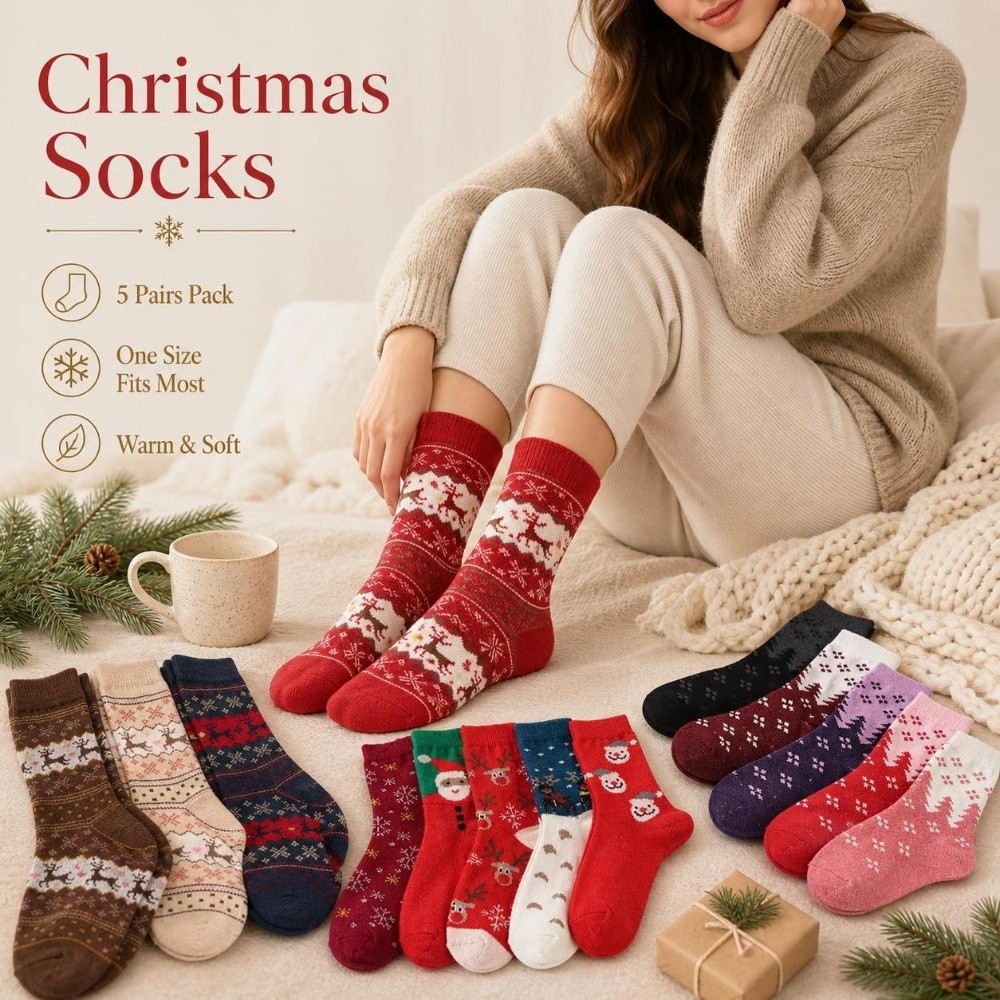 Thermal Sock Wool - 5pairs Thickened Christmas Reindeer Socks Soft
